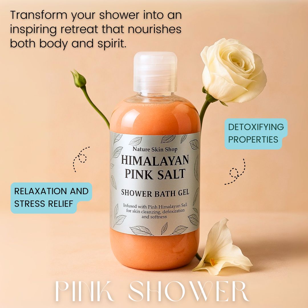 Bottle of Himalayan Pink Salt Shower Bath Gel with a white rose on a beige background Bottle of Himalayan Pink Salt Shower Bath Gel with a white rose on a beige background