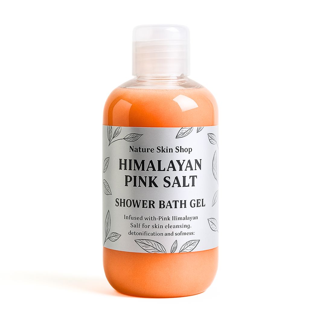 Bottle of Himalayan Pink Salt Shower Bath Gel from Nature Skin Shop on a white background Bottle of Himalayan Pink Salt Shower Bath Gel from Nature Skin Shop on a white background