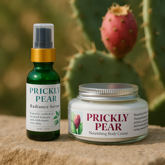 Prickly pear serum and body crème with cactus in the background