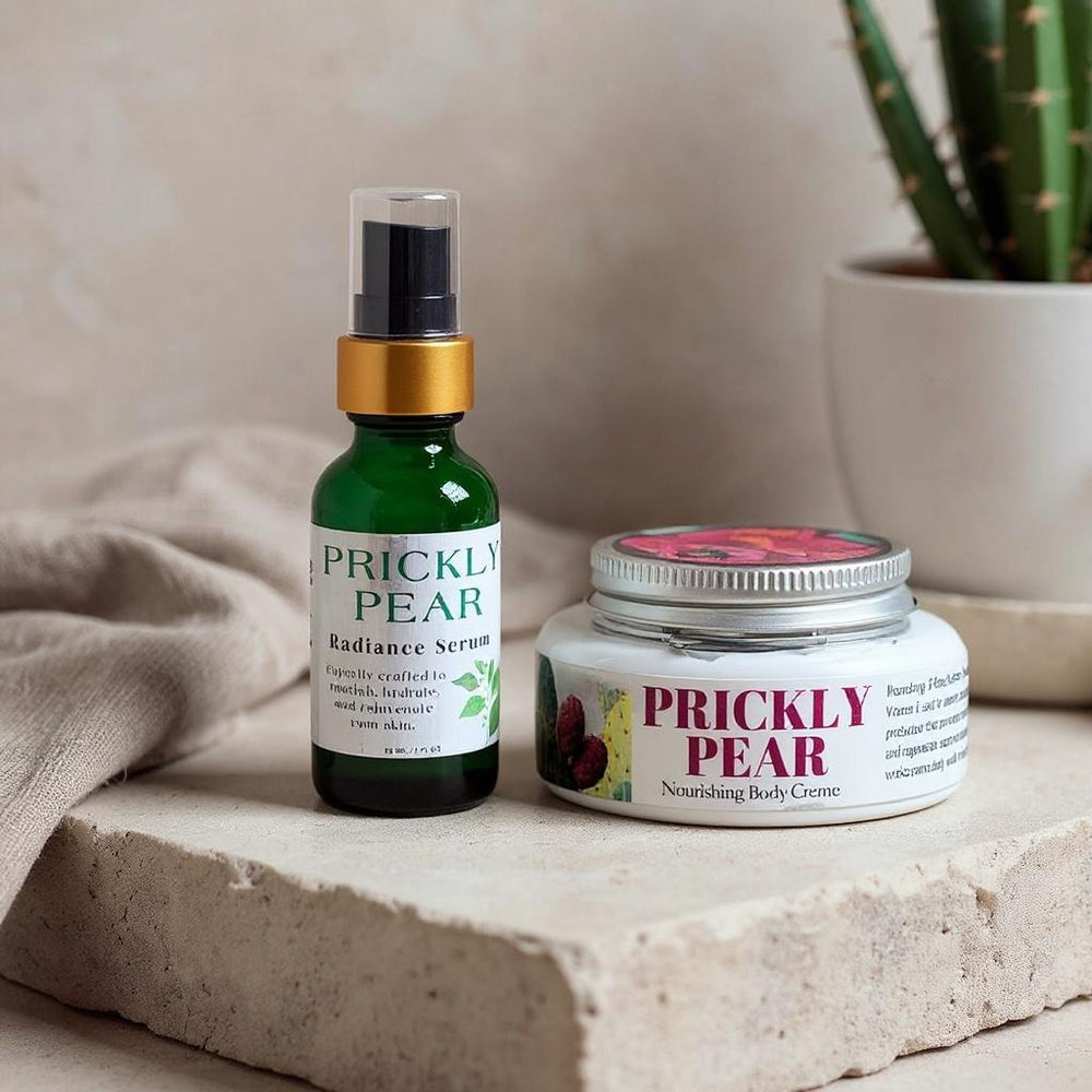 Prickly Pear skincare products including a serum and cream on a stone surface with a plant in the background.