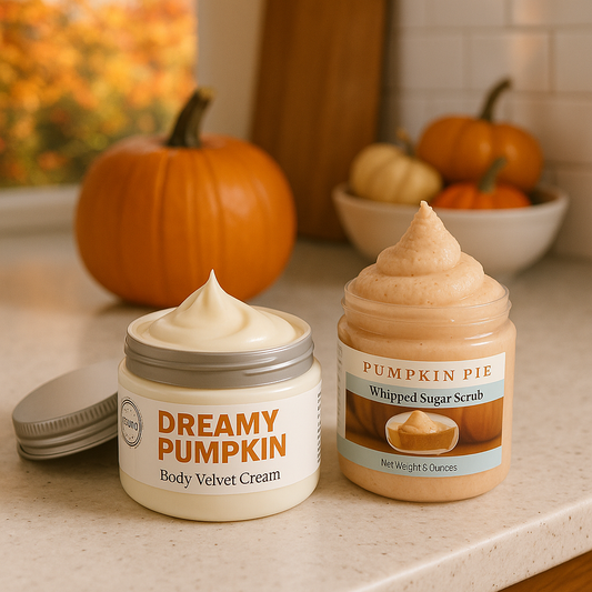 Two jars of pumpkin-themed body products on a countertop with pumpkins in the background.