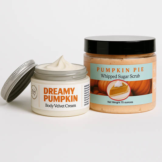 Two pumpkin-themed beauty products on a white background