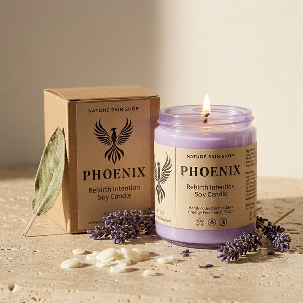 Phoenix candle with packaging and lavender flowers on a neutral background