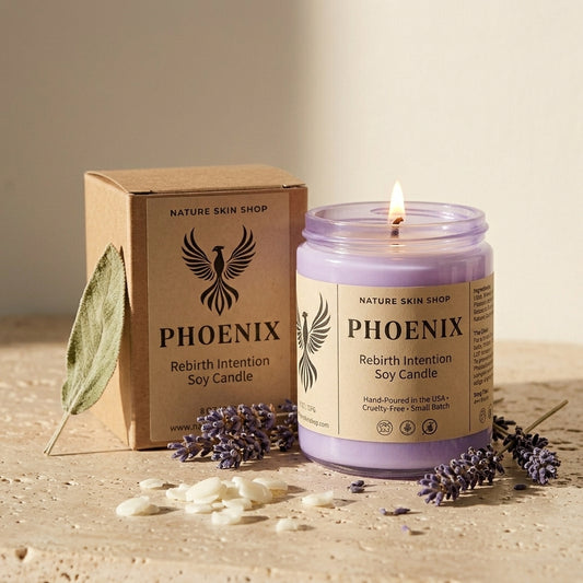 Phoenix candle with packaging and lavender flowers on a neutral background