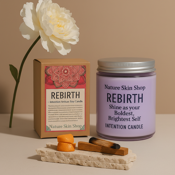Nature Skin Shop 'Rebirth' intention candle with packaging and decorative items on a beige background