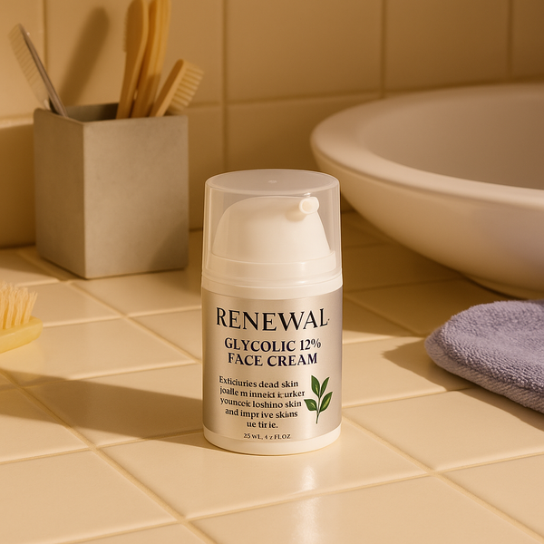 Bottle of Renewal Glycolic 12% Face Cream on a bathroom counter