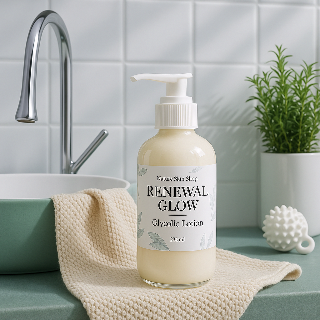 Bottle of 'Renewal Glow' glycolic lotion on a sink with a towel and plant in the background. Bottle of 'Renewal Glow' glycolic lotion on a sink with a towel and plant in the background.