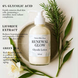 Bottle of Renewal Glow Glycolic Lotion with greenery and text on a light background Bottle of Renewal Glow Glycolic Lotion with greenery and text on a light background