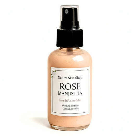 Bottle of Rose Manjistha mist from Nature Skin Shop on a white background