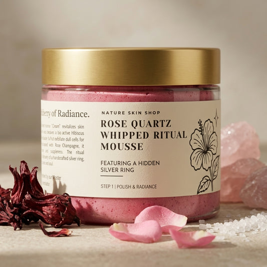 Rose Quartz Whipped Ritual Mousse jar with gold lid on a neutral background
