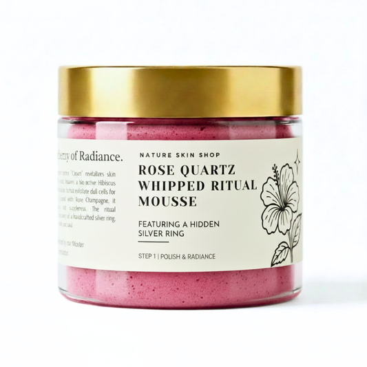 Rose Quartz Whipped Ritual Mousse jar with gold lid on a white background