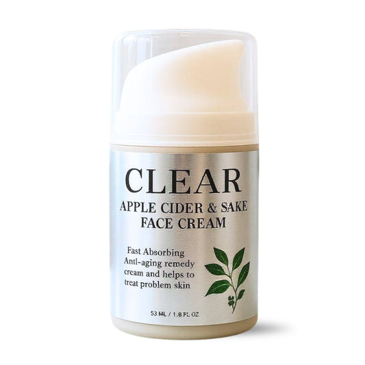 Face cream jar labeled 'Clear Apple Cider & Sake Face Cream' on a white background