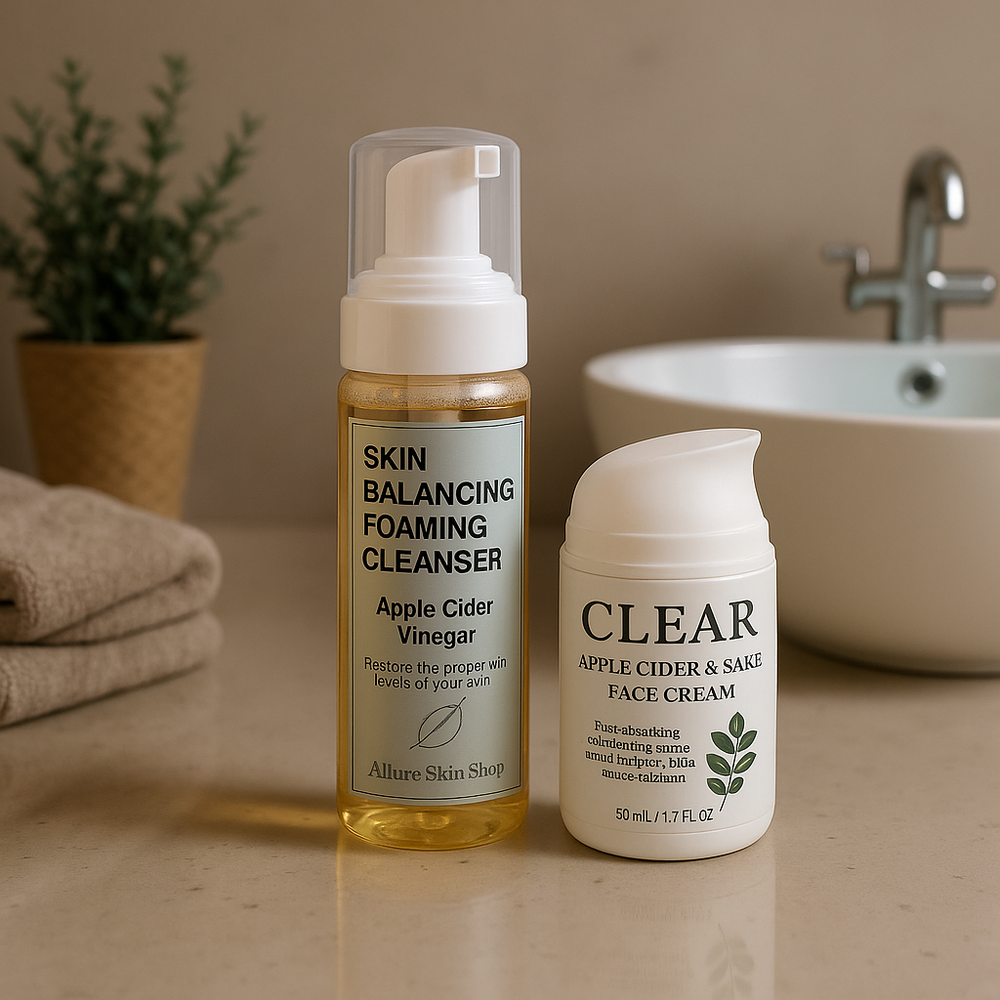 Two skincare products on a bathroom counter with a sink and plant in the background.