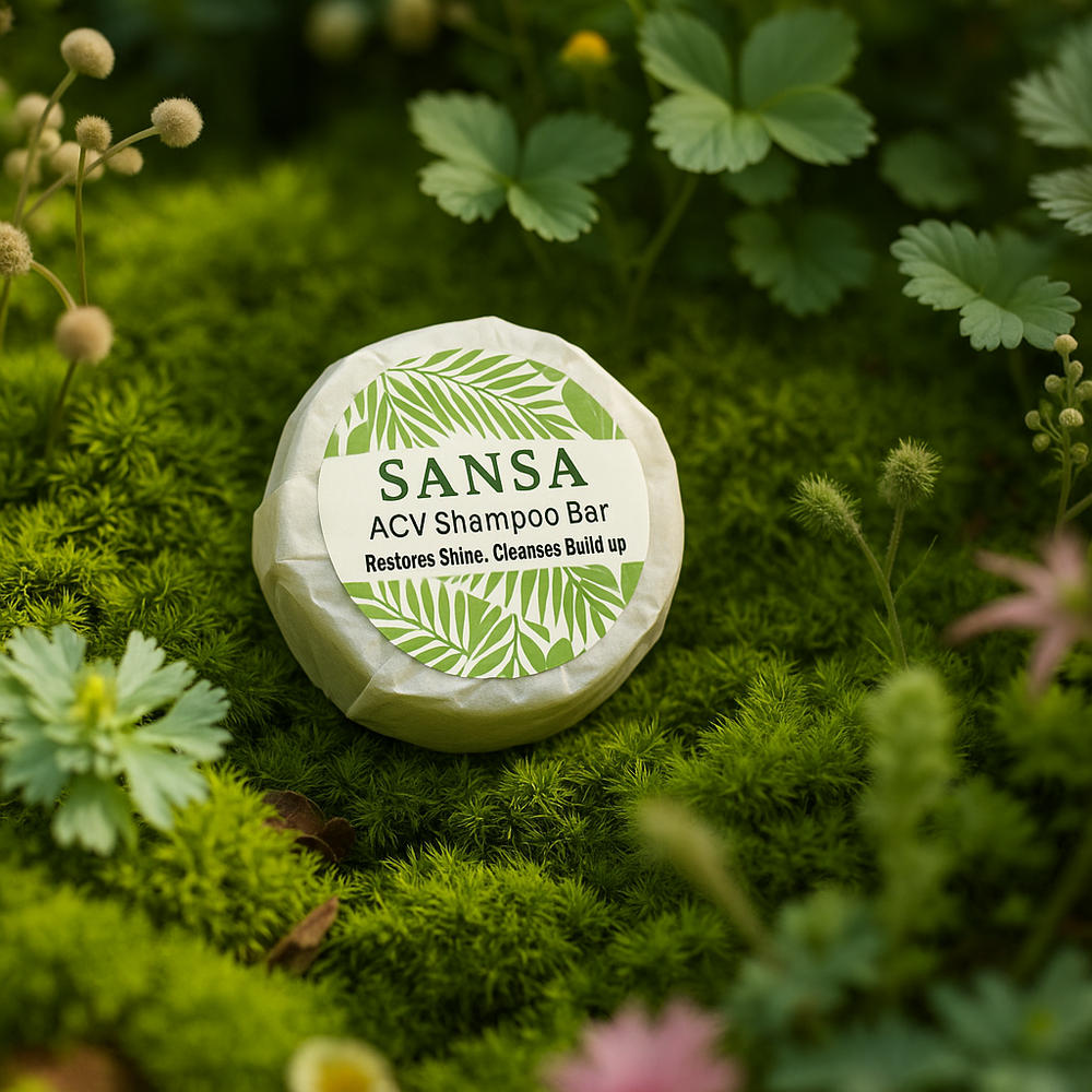 SANSA ACV Shampoo Bar on a green natural background