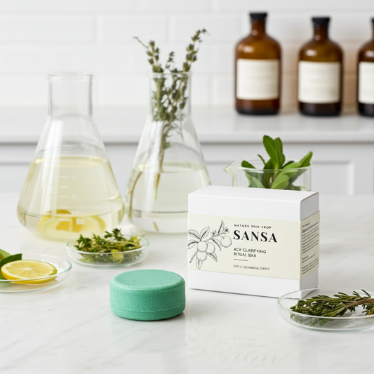 Sana soap bar with botanical elements and scientific glassware in the background
