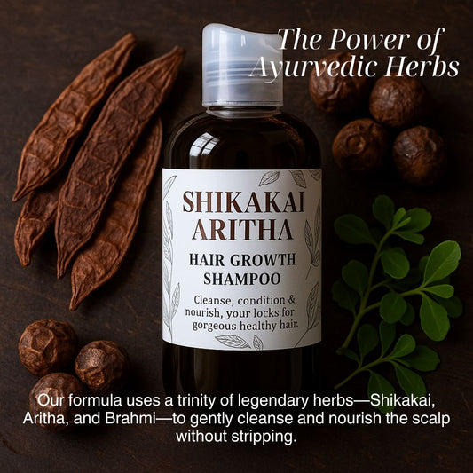 Shikakai Aritha hair growth shampoo bottle with herbs on a dark background