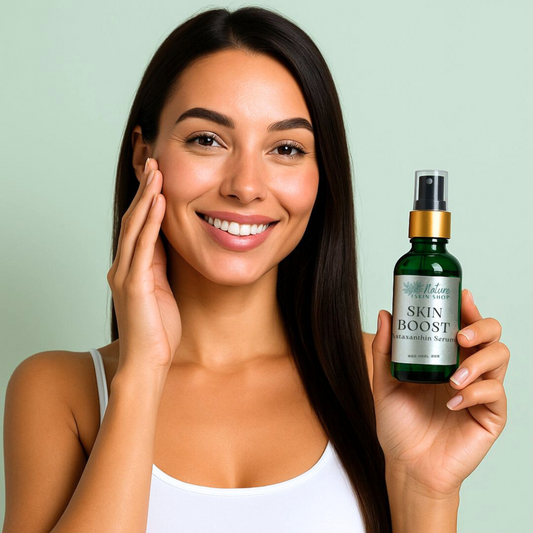 Woman holding a bottle of 'Skin Boost' serum against a light green background