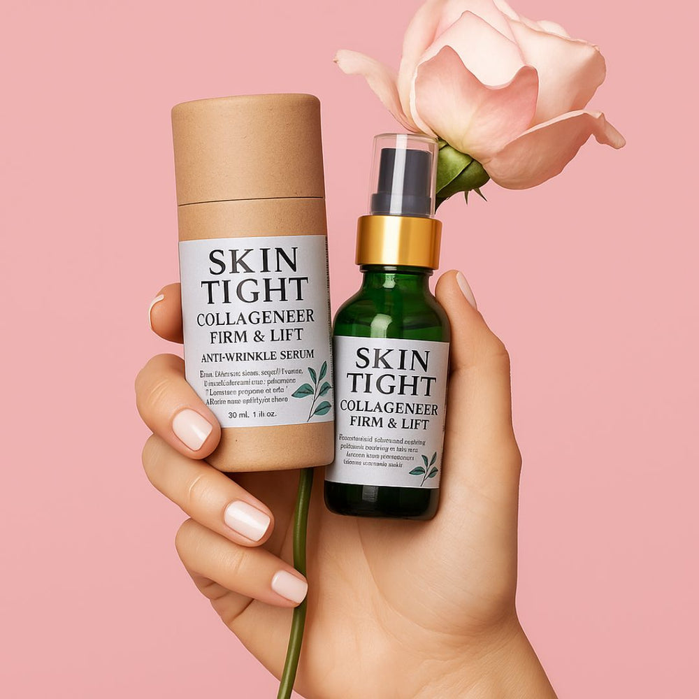 Two skincare products labeled 'Skin Tight' held against a pink background with a rose.