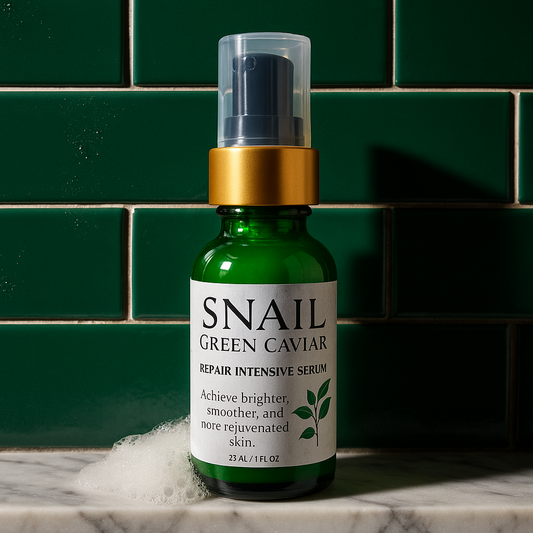 Snail Green Caviar repair intensive serum bottle on a marble surface with green tiled wall background
