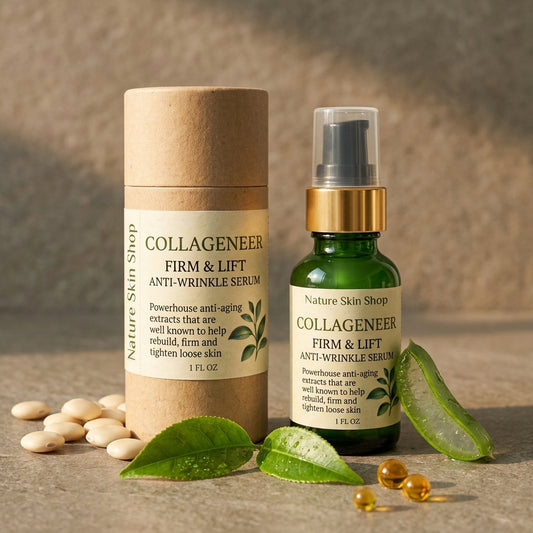Collagen-based skincare products from Nature Skin Shop on a textured surface with leaves and capsules.