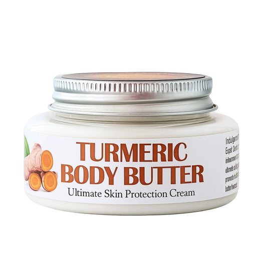 Jar of turmeric body butter with a white background