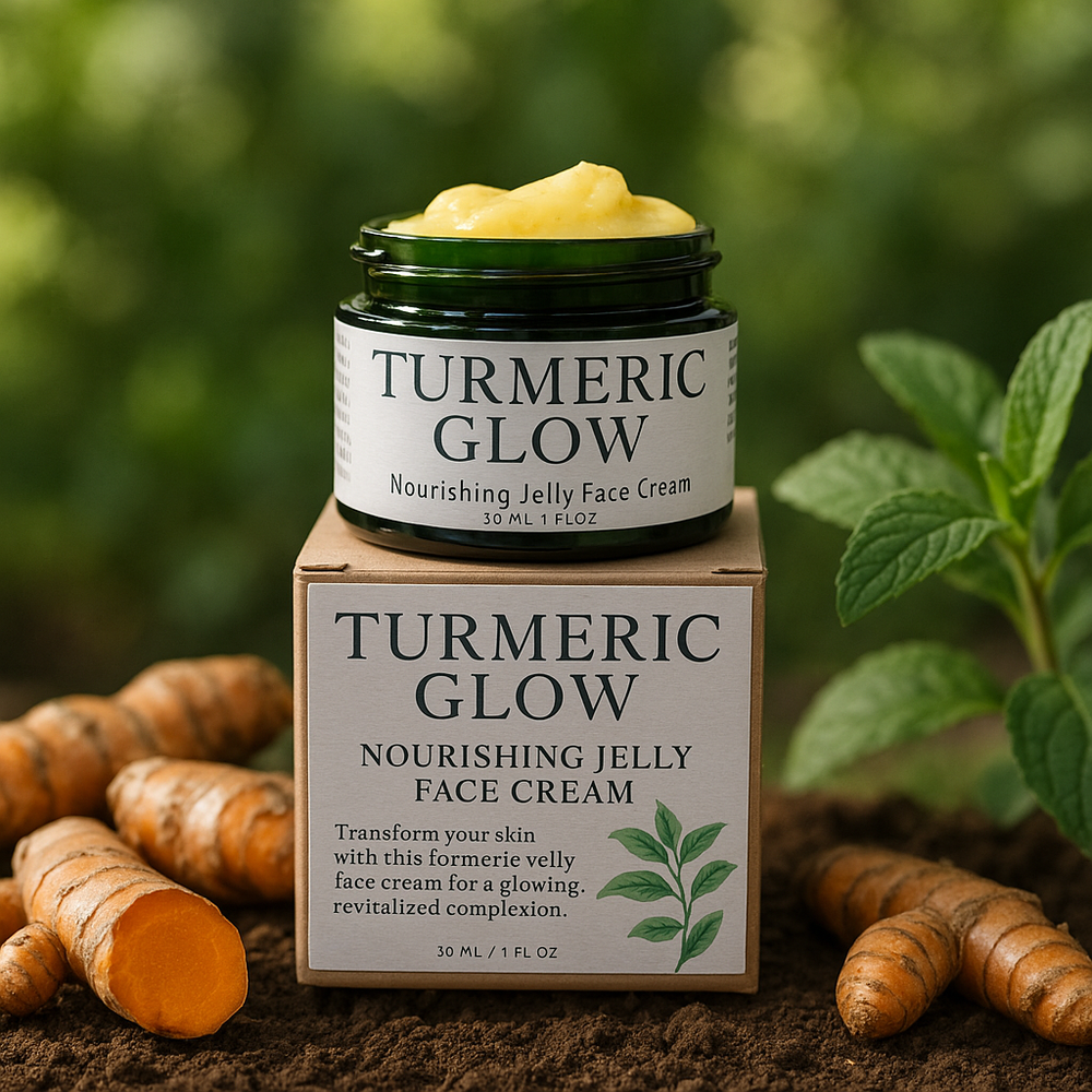 Turmeric Glow nourishing jelly face cream jar with turmeric roots and a plant in the background