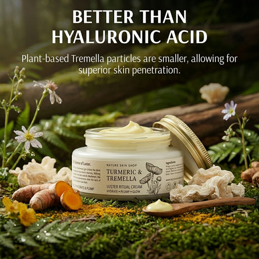 Jar of Turmeric & Tremella cream with natural ingredients on a green background