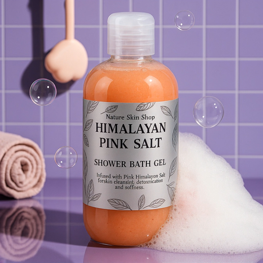 Bottle of Himalayan Pink Salt Shower Bath Gel with a label on a purple tiled background.