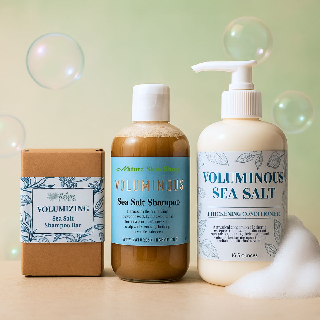 Voluminous Sea Salt Shampoo and Conditioner with natural sea minerals, styled with beach-inspired accessories Voluminous Sea Salt Shampoo and Conditioner with natural sea minerals, styled with beach-inspired accessories