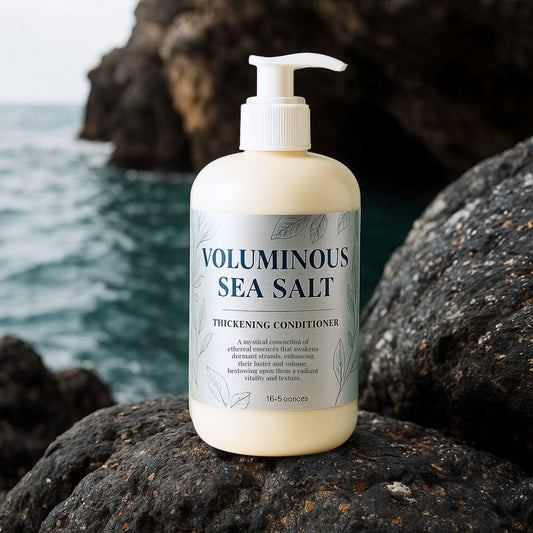 Bottle of Voluminous Sea Salt conditioner on a rocky surface with ocean in the background