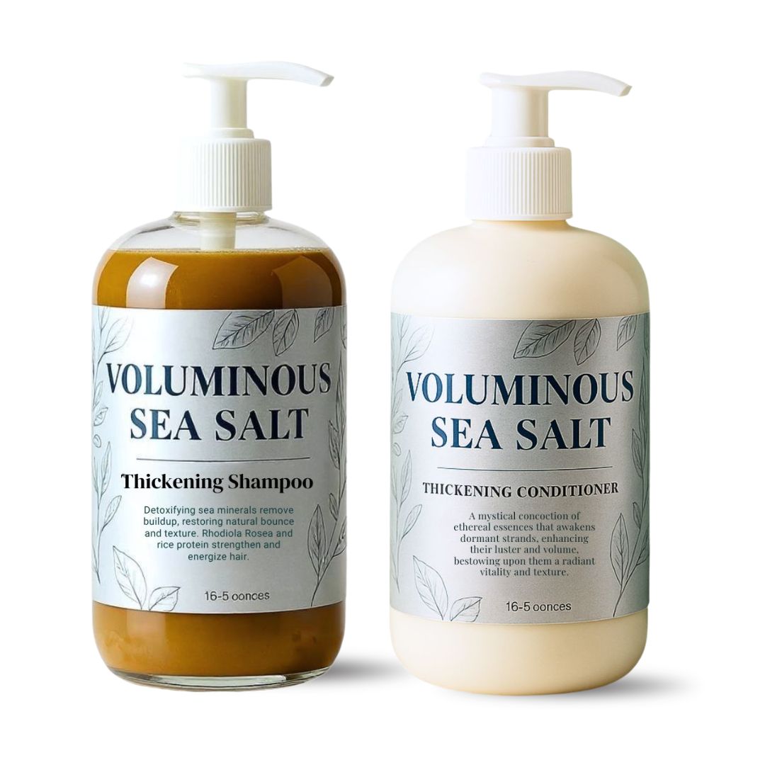Two bottles of Voluminous Sea Salt thickening shampoo and conditioner on a white background Two bottles of Voluminous Sea Salt thickening shampoo and conditioner on a white background