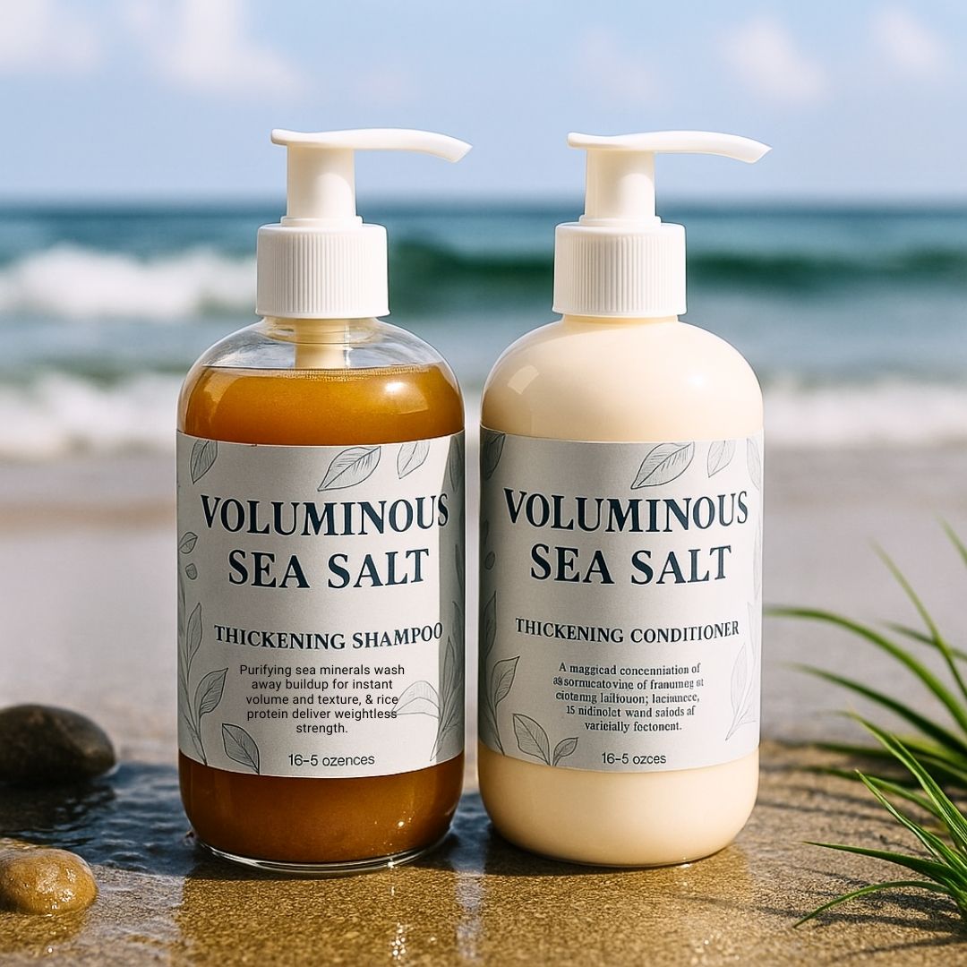 Two bottles of voluminous sea salt thickening shampoo and conditioner on a beach. Two bottles of voluminous sea salt thickening shampoo and conditioner on a beach.