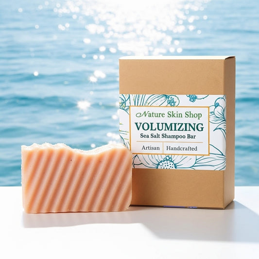 Volumizing Sea Salt Shampoo Bar from Nature Skin Shop with packaging against a sparkling water background