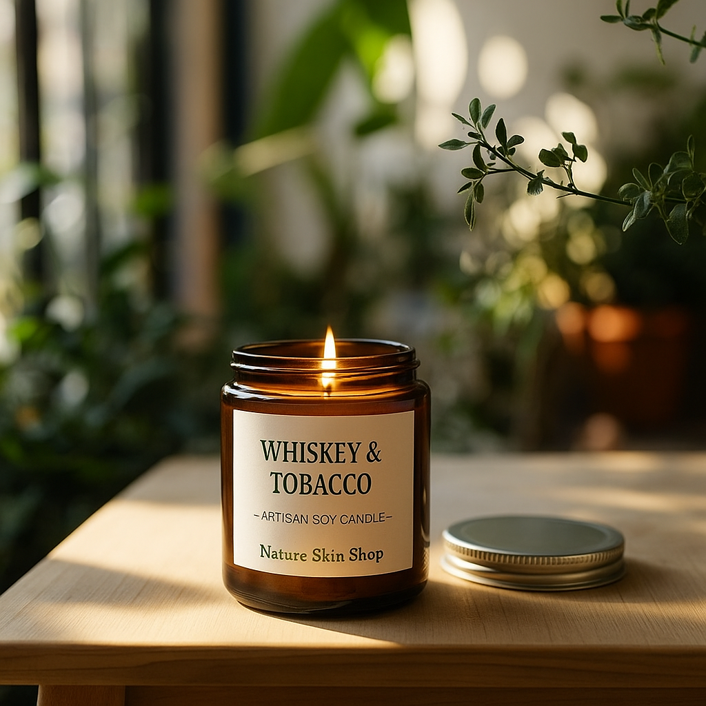 Candle labeled 'Whiskey & Tobacco' from Nature Skin Shop on a wooden surface with plants in the background. Candle labeled 'Whiskey & Tobacco' from Nature Skin Shop on a wooden surface with plants in the background.