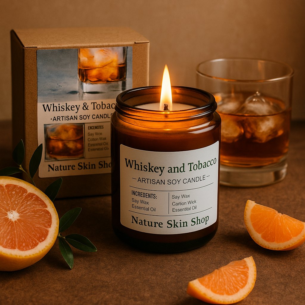 Whiskey and Tobacco candle from Nature Skin Shop with a glass of whiskey and oranges on a brown background Whiskey and Tobacco candle from Nature Skin Shop with a glass of whiskey and oranges on a brown background
