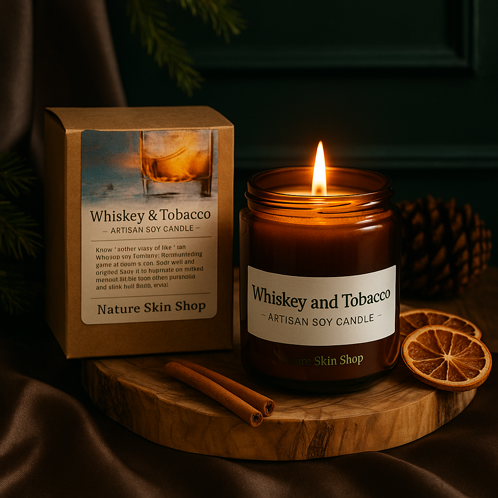 Whiskey and Tobacco candle with packaging on a wooden surface Whiskey and Tobacco candle with packaging on a wooden surface