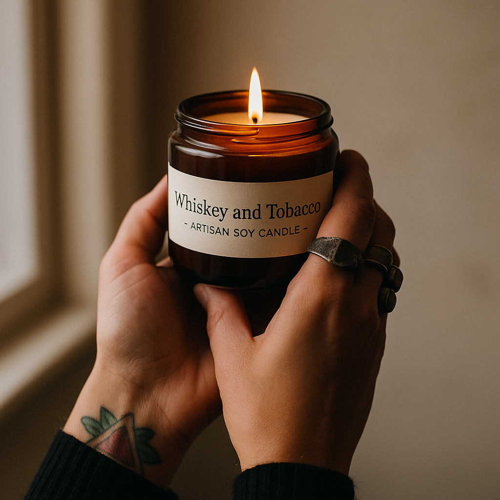 Candle labeled 'Whiskey and Tobacco' held by a person with a tattoo. Candle labeled 'Whiskey and Tobacco' held by a person with a tattoo.