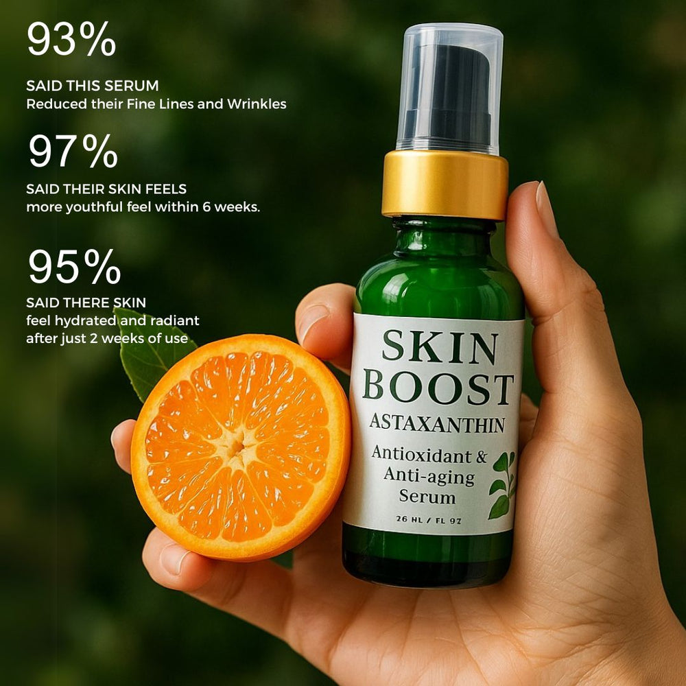 Hand holding a bottle of 'Skin Boost' serum with an orange and green leaves in the background