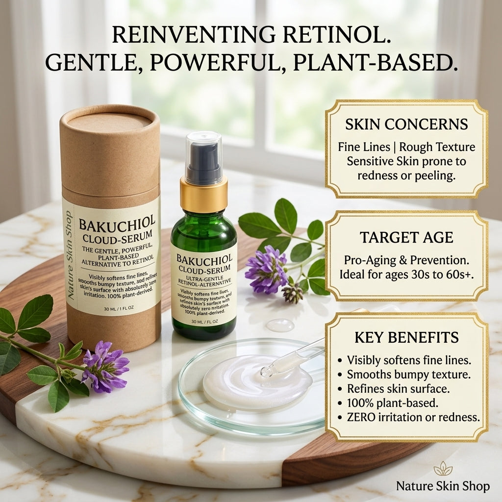 Bakuchiol cloud-serum with packaging and ingredients on a marble surface, featuring text about skin concerns, target age, and key benefits.