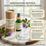 Bakuchiol cloud-serum with packaging and ingredients on a marble surface, featuring text about skin concerns, target age, and key benefits.