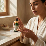 Woman in a bathrobe holding a skincare serum bottle in a bathroom setting