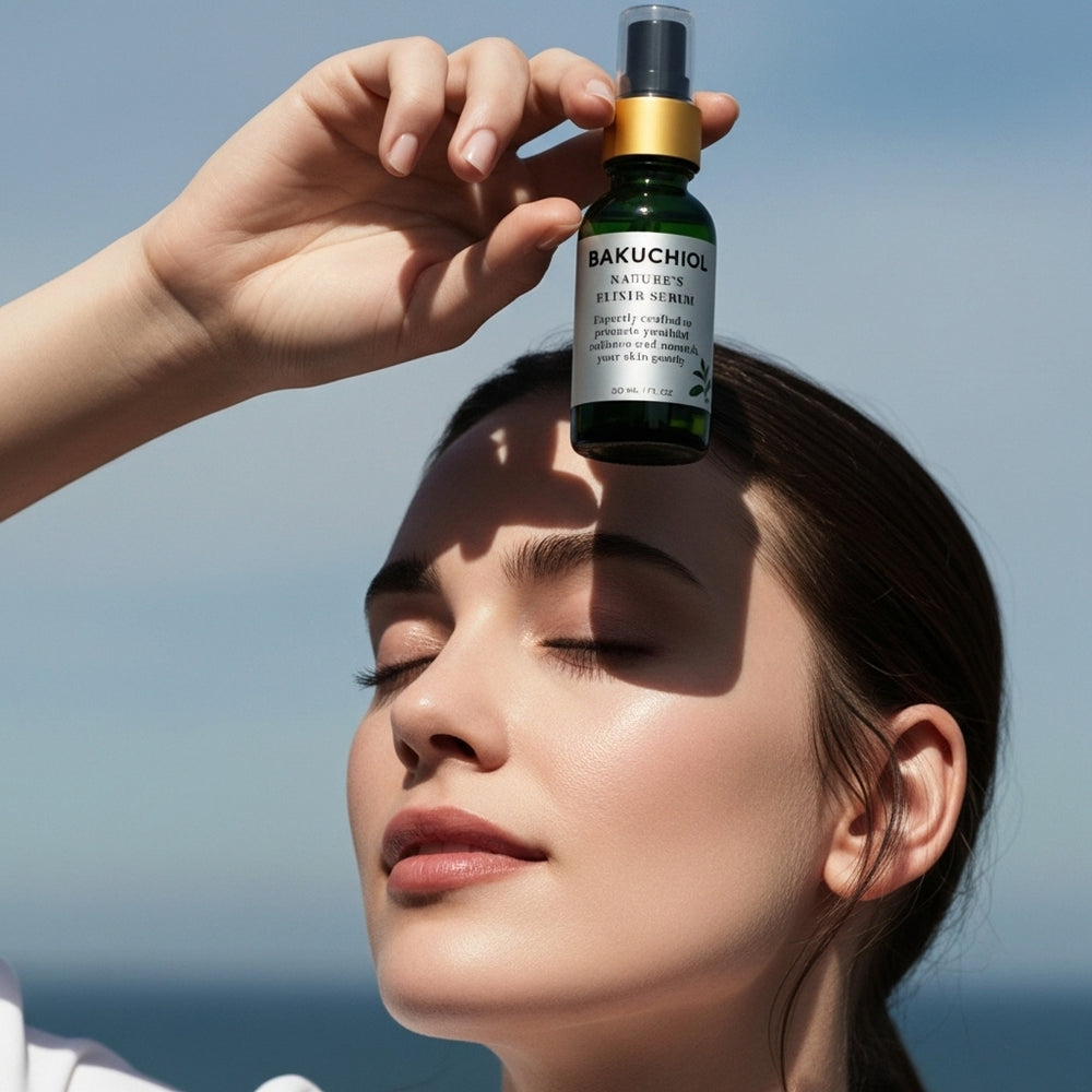 Person holding a bottle of Bakuchiol serum above their face with a clear blue sky background