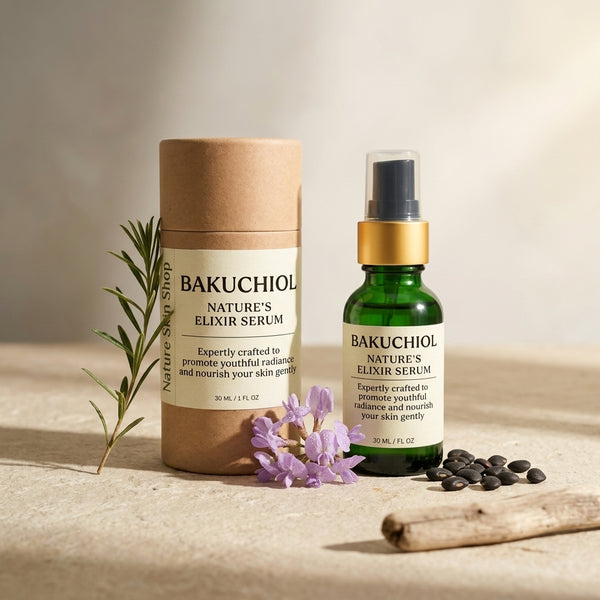 Bakuchiol serum packaging including a bottle and cardboard tube on a neutral background.