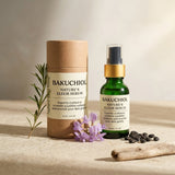 Bakuchiol serum packaging including a bottle and cardboard tube on a neutral background.