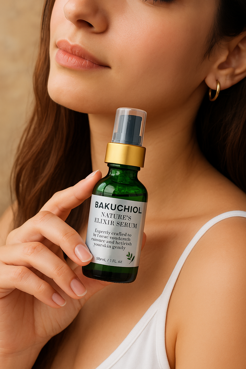 Woman holding a green bottle labeled 'Bakuchiol Nature's Elixir Serum' against a neutral background