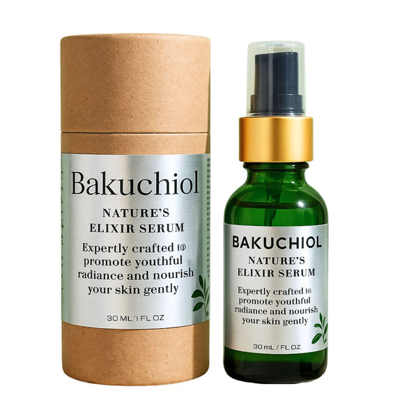 Bakuchiol nature's elixir serum in a cardboard tube and green bottle on a white background