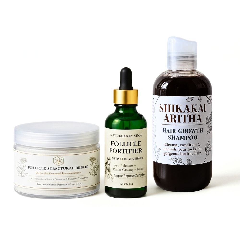 Set of skincare and hair care products including a jar, dropper bottle, and shampoo bottle on a white background.