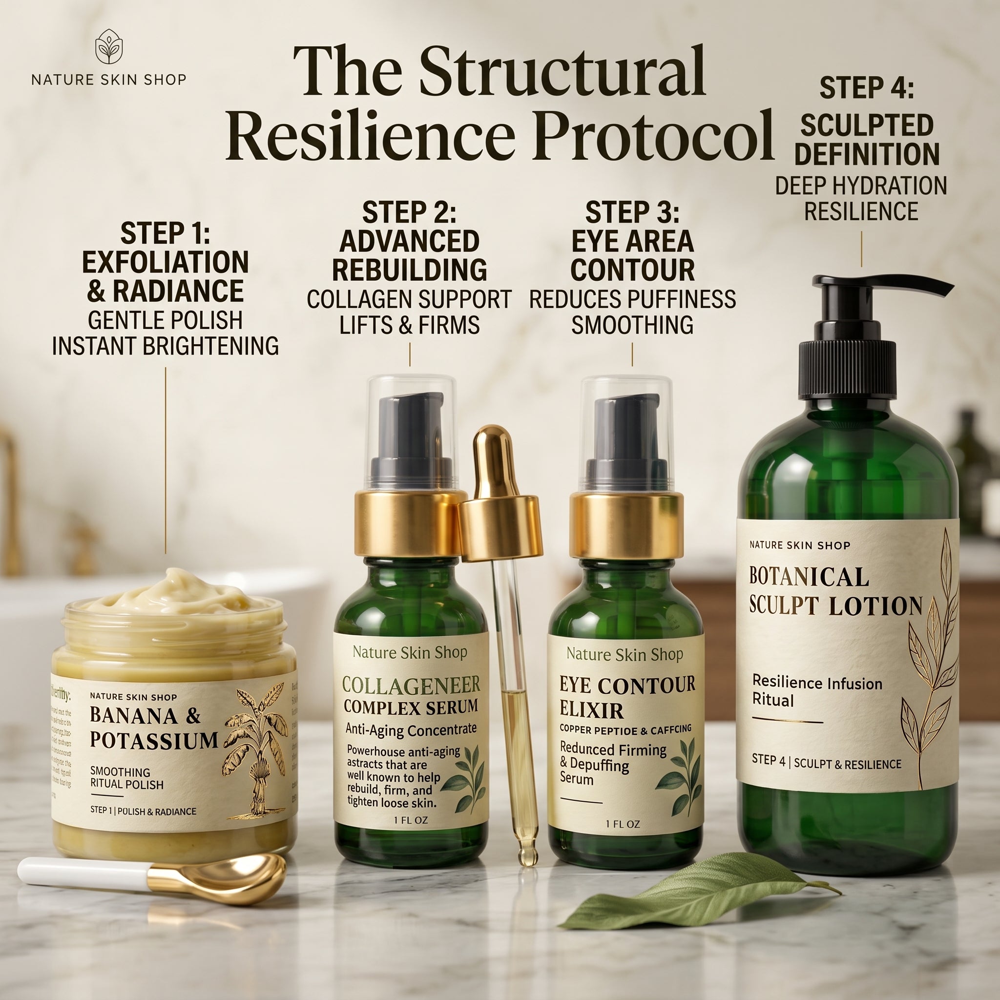 Four skincare products arranged on a light beige surface with a soft neutral background. The set includes a banana and potassium exfoliating polish jar, a collagen complex serum bottle, an eye contour elixir bottle with a gold dropper, and a botanical sculpt lotion bottle.