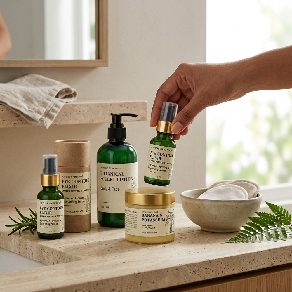 A hand holds a small green bottle of eye contour liquid over a bathroom counter with other skincare products, including a botanical sculpt lotion jar, an eye contour cream bottle, and a banana and potassium cream jar, alongside a bowl of cotton pads and greenery.