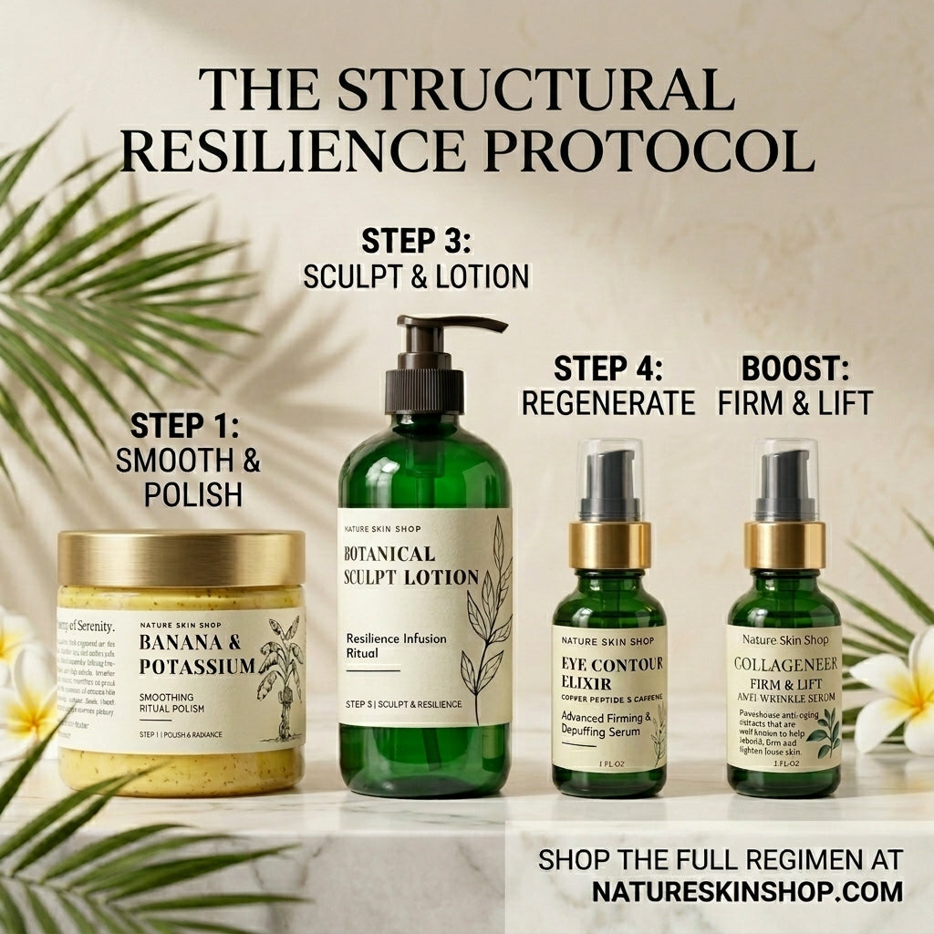 Four skincare products arranged on a light surface with decorative palm leaves and flowers. Text above and around the products reads 'THE STRUCTURAL RESILIENCE PROTOCOL' and labels the steps: Step 1 Smooth & Polish, Step 2 Sculpt & Lotion, Step 3 Regenerate, Step 4 Firm & Lift, plus a call to shop the full regimen at NatureSkinShop.